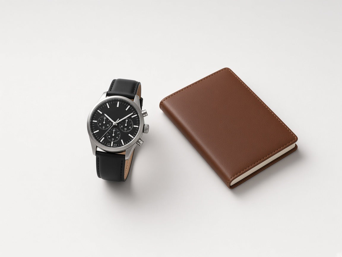 Men's black chronograph watch beside a brown leather journal