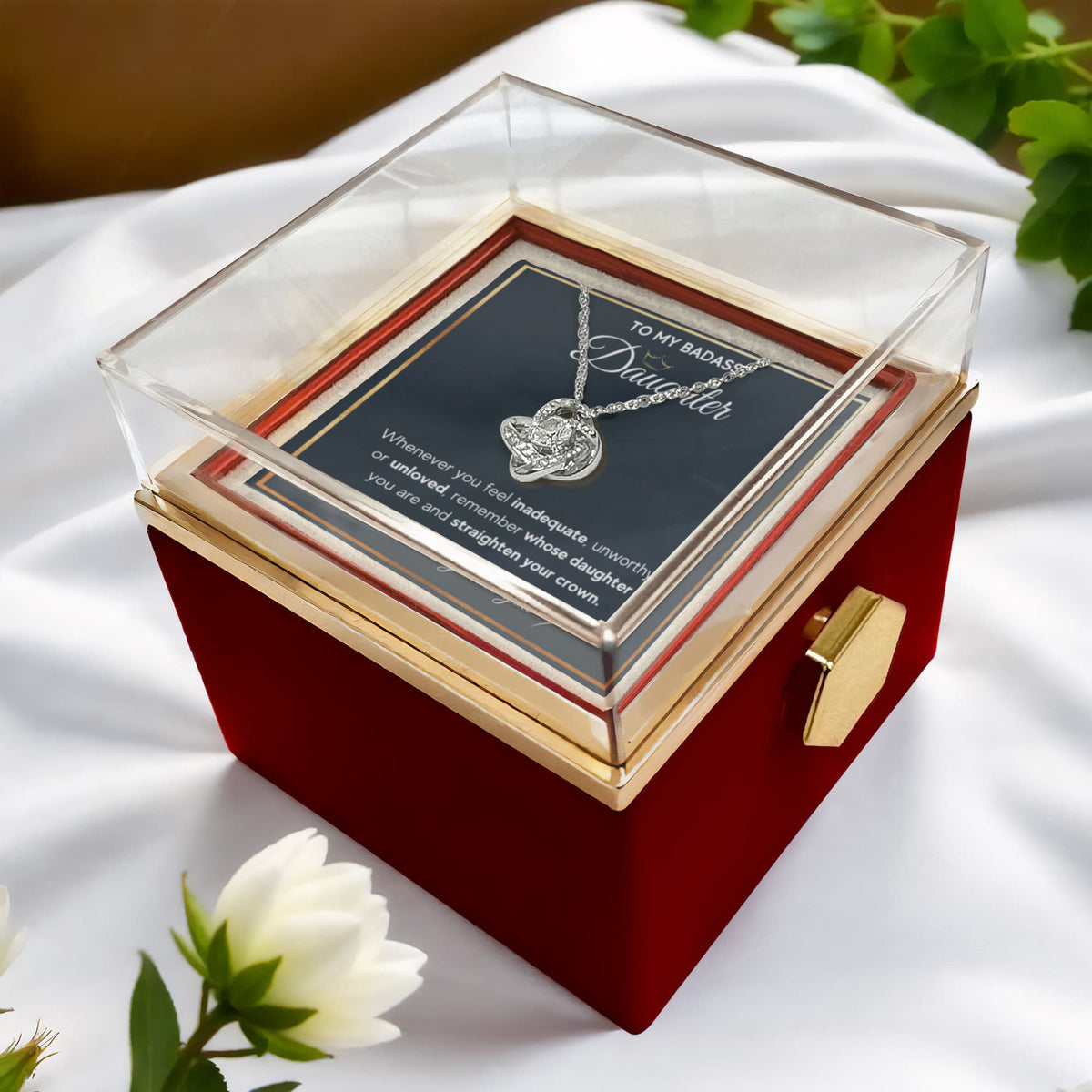 To My Daughter – Love Knot Necklace with Rose Box (Crown Card)