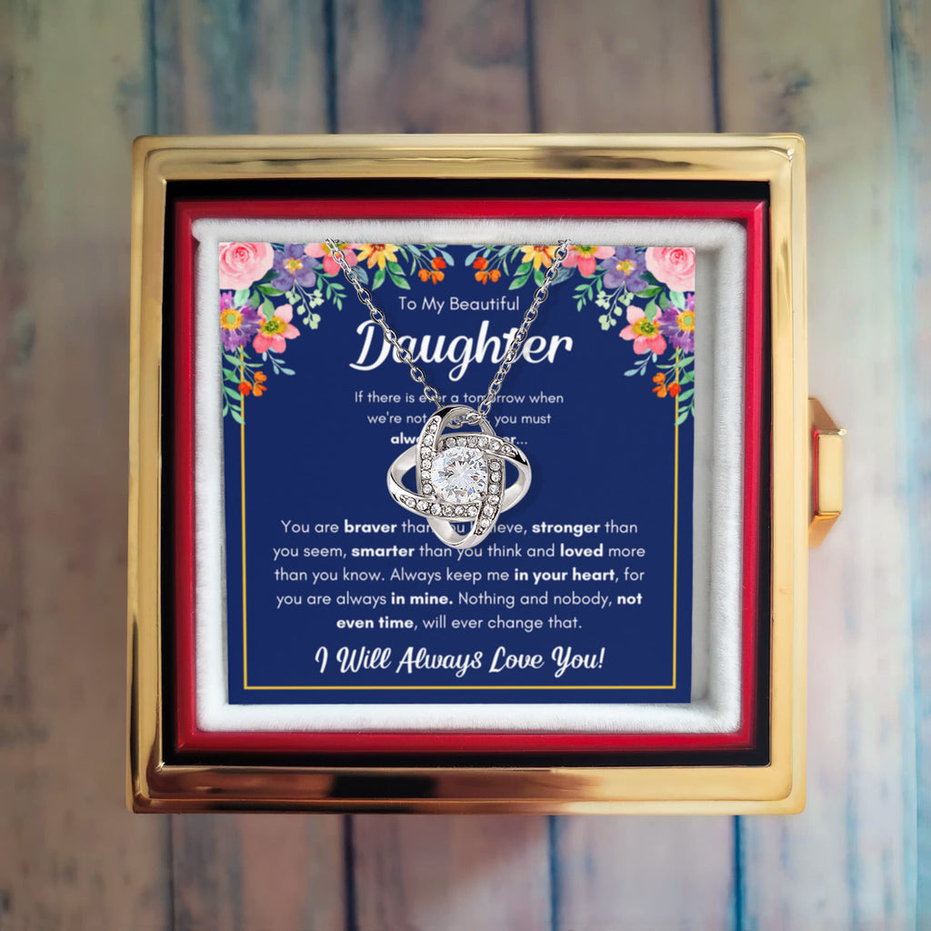 To My Daughter – Love Knot Necklace with Rose Box (Braver Name Card)