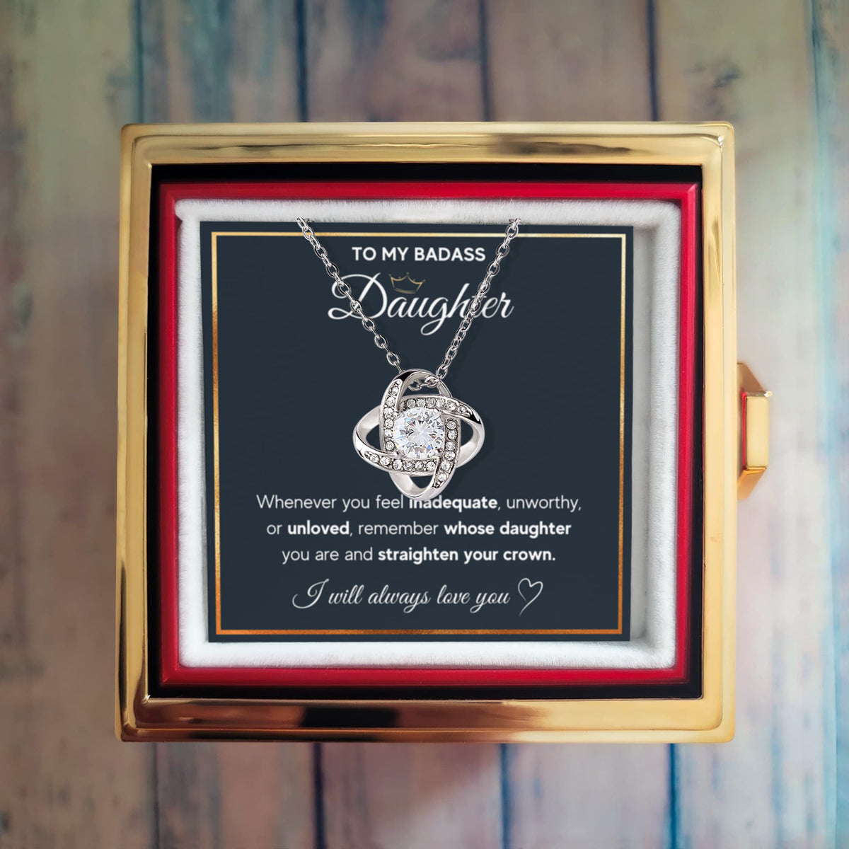 To My Daughter – Love Knot Necklace with Rose Box (Crown Card)