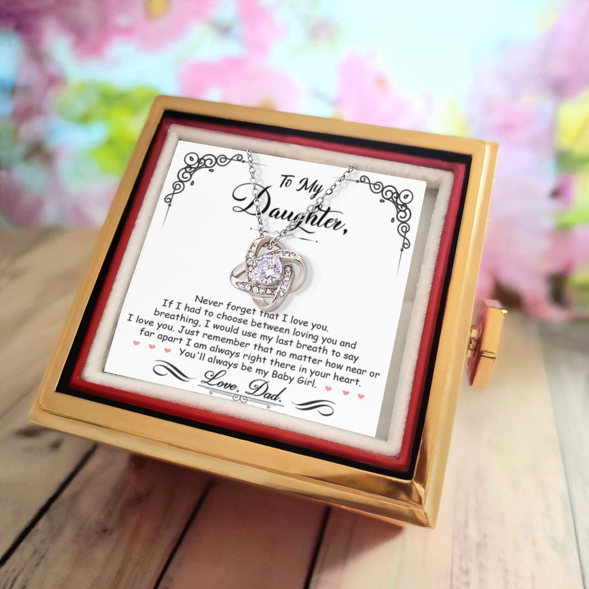 To My Daughter – Love Knot Necklace with Rose Box (Interlocking Card)