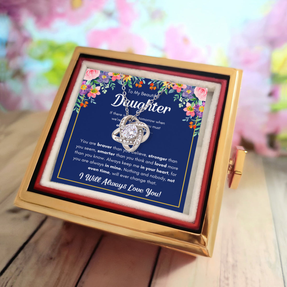To My Daughter – Love Knot Necklace with Rose Box (Braver Name Card)
