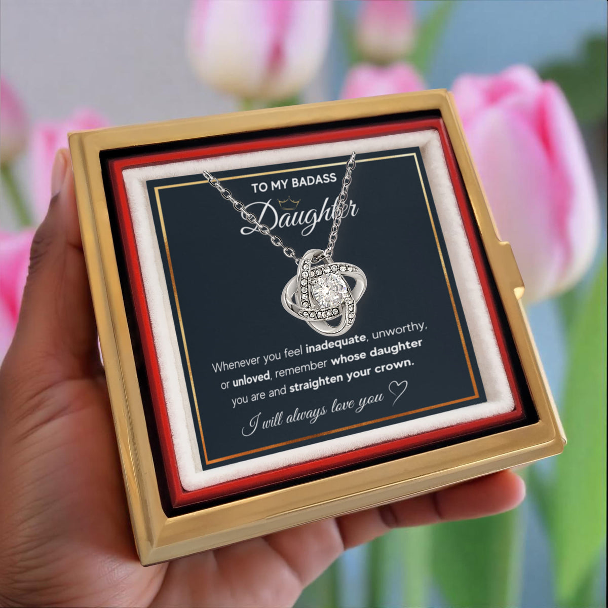 To My Daughter – Love Knot Necklace with Rose Box (Crown Card)