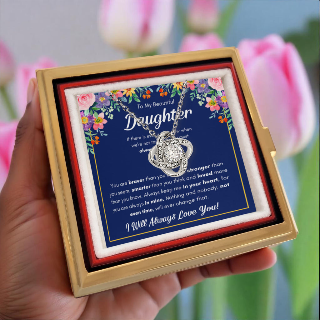To My Daughter – Love Knot Necklace with Rose Box (Braver Name Card)
