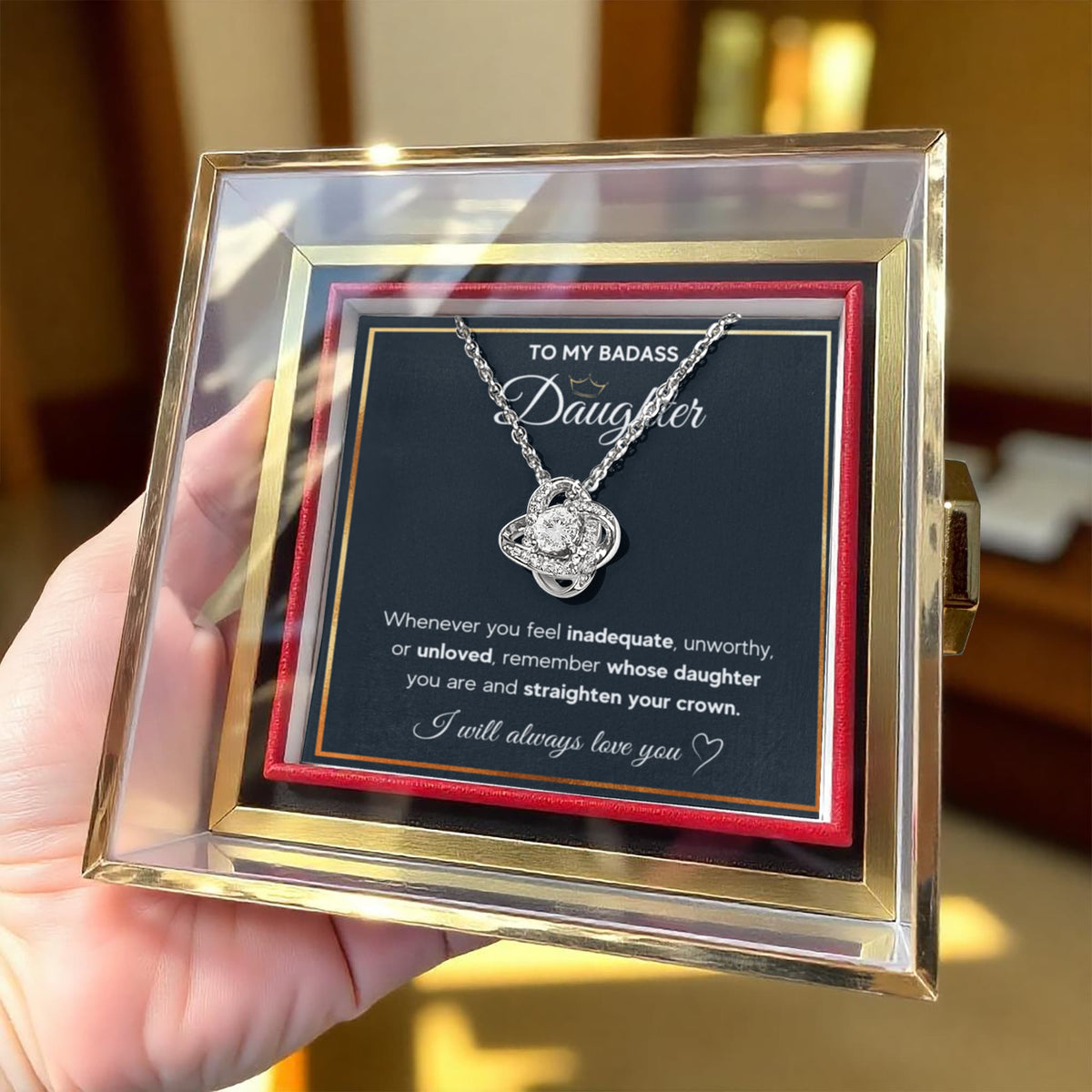 To My Daughter – Love Knot Necklace with Rose Box (Crown Card)
