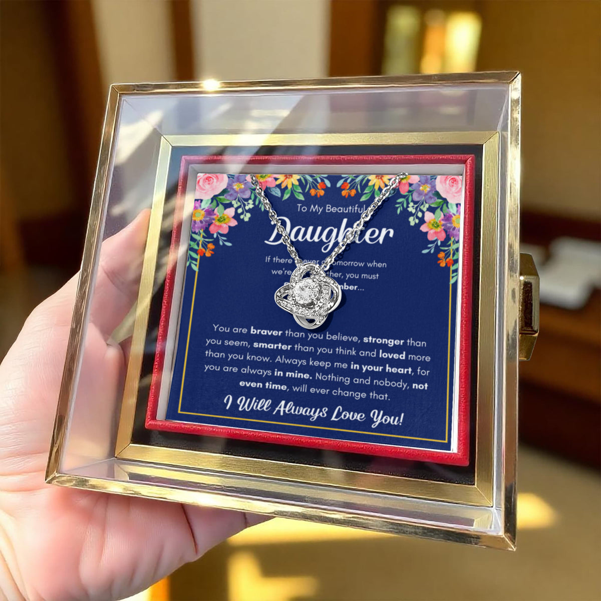 To My Daughter – Love Knot Necklace with Rose Box (Braver Name Card)
