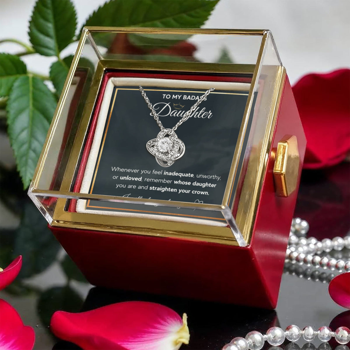 To My Daughter – Love Knot Necklace with Rose Box (Crown Card)