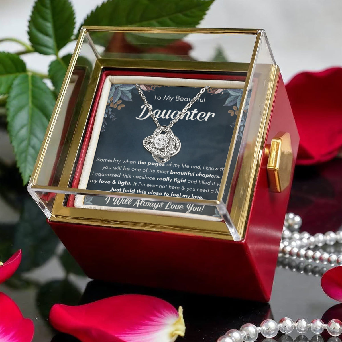 To My Daughter – Love Knot Necklace with Rose Box (Chapters Name Card)